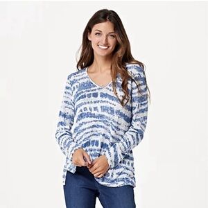 Belle Kim Gravel Women's V-Neck Blue White Tie-Dye Long Sleeve Soft Top size XL